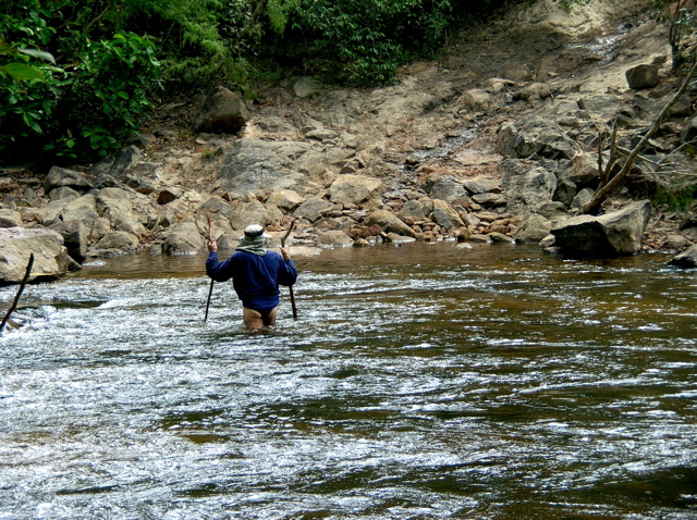 Peter tests the bottom